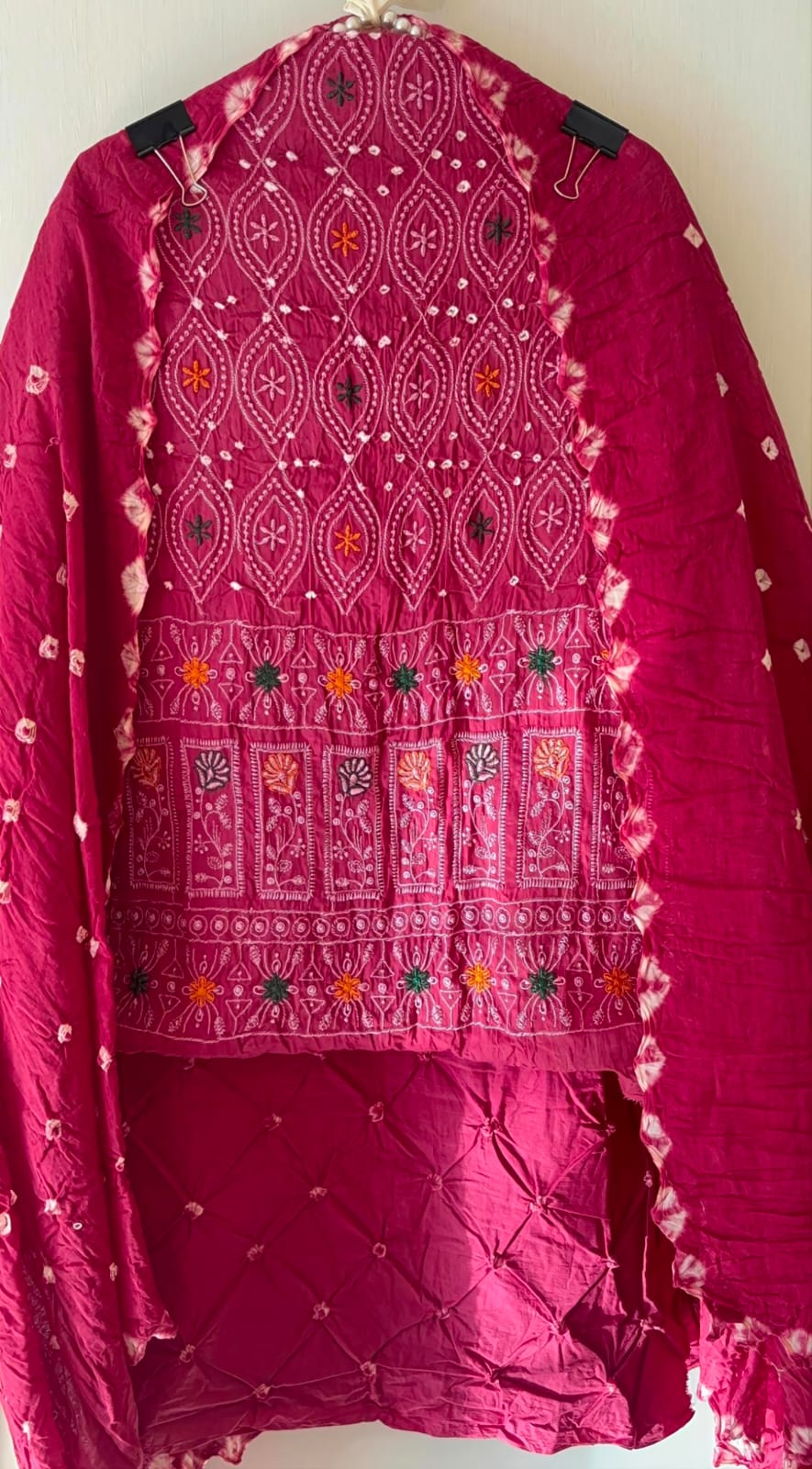 Fuchsia Pink Bandhani Embroidered Cotton Satin Suit Set