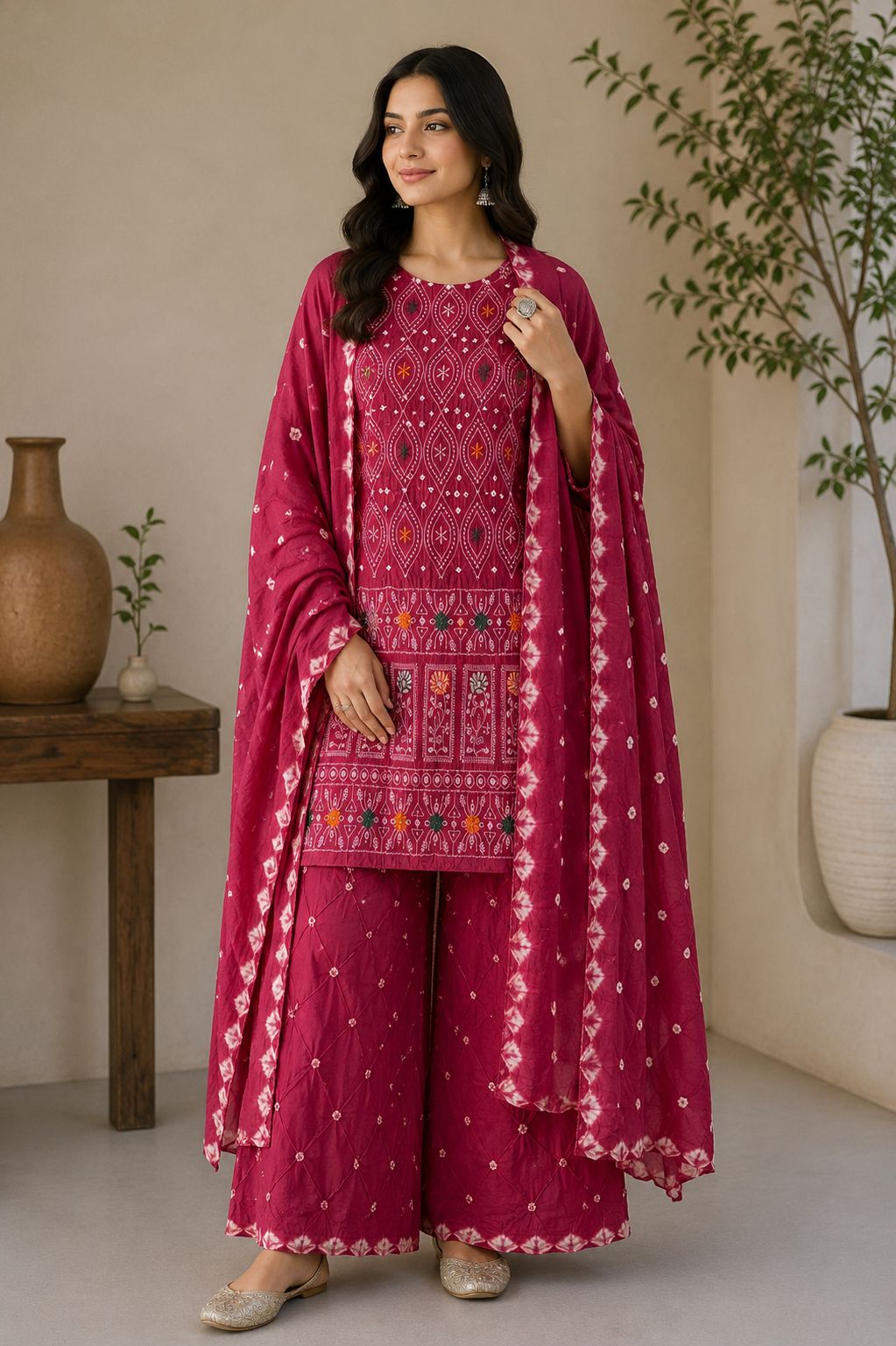 Fuchsia Pink Bandhani Embroidered Cotton Satin Suit Set